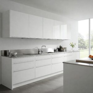 Contemporary kitchen design featuring stylish and accessible frameless kitchen cabinets.