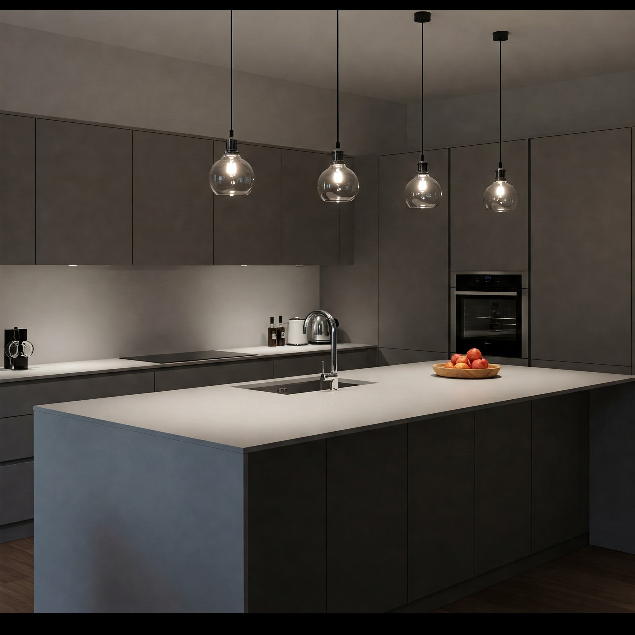 Sleek modern kitchen island lighting illuminating a minimalist countertop.