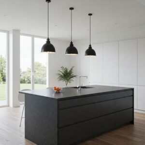 Modern pendant lights hanging over a stylish kitchen island, showcasing modern kitchen island lighting.