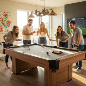 Friends playing a game of pool on a convertible pool table kitchen table in a home entertainment space.