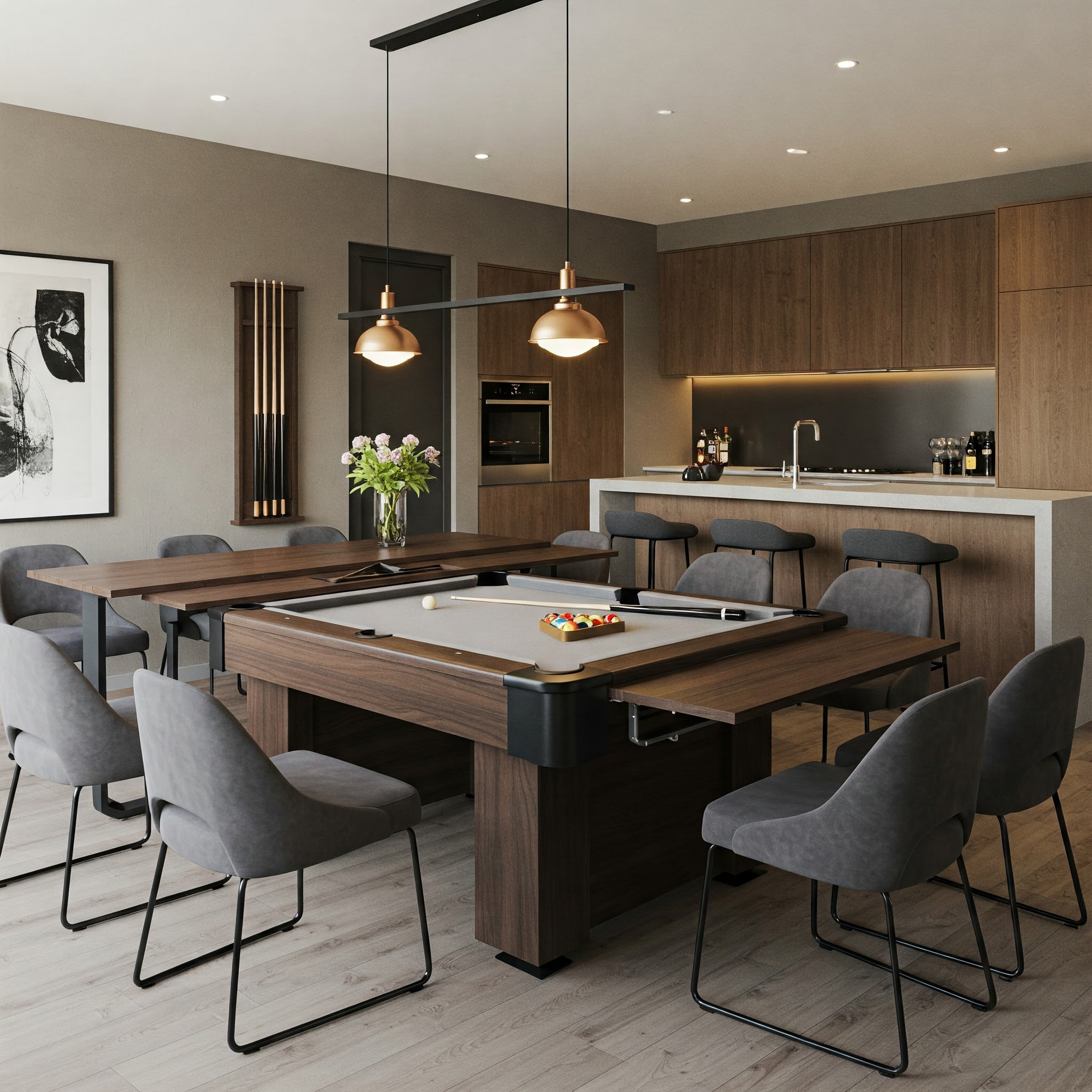 Stylish pool table kitchen table combination in a modern dining area, showcasing its dual functionality.