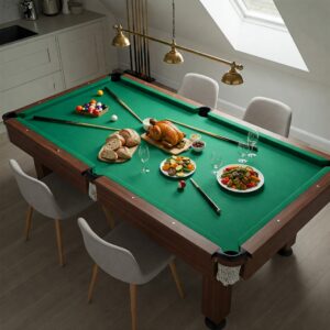 Aerial view of a pool table kitchen table set for dinner, demonstrating its elegant transformation into a dining surface.