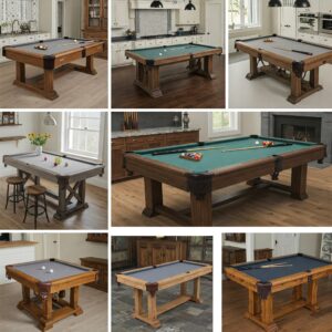 Various styles and finishes available for a pool table kitchen table, fitting diverse home decor aesthetics.