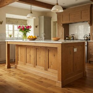 Charming rustic kitchen island with marble top combining warm wood tones.
