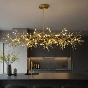 Unique sculptural lighting fixture as a focal point above a kitchen island, a statement in modern kitchen island lighting.
