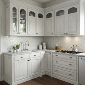 Antique white kitchen cabinets maximizing space and light in a compact kitchen design.