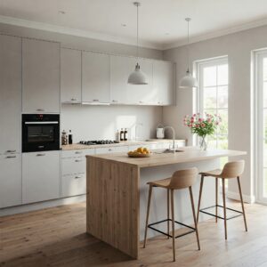 Smart solutions for kitchen cabinets with island in a small space layout.