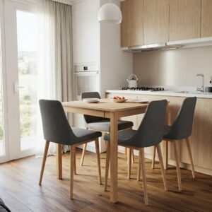 Counter height kitchen table and chairs in a compact kitchen space. 