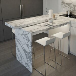 Compact small kitchen island with marble top, ideal for smaller kitchen spaces.