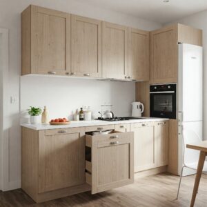 Space-efficient small kitchen design featuring light brown kitchen cabinets.