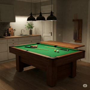 A compact pool table kitchen table maximizing space in a smaller room, perfect for multi-functional living.
