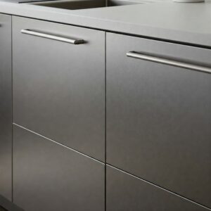 Contemporary door design of a stainless kitchen cabinet.