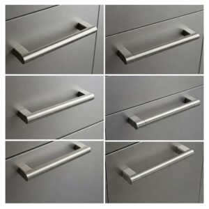 Various handle style options for a stainless kitchen cabinet.