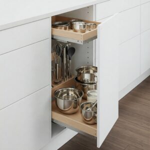 "Interior view of tall kitchen cabinets with dropdown shelf holding kitchen essentials."