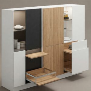 "Various styles of tall kitchen cabinets with dropdown shelf options."