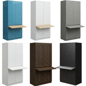 "Different material and finish options for tall kitchen cabinets with dropdown shelf."