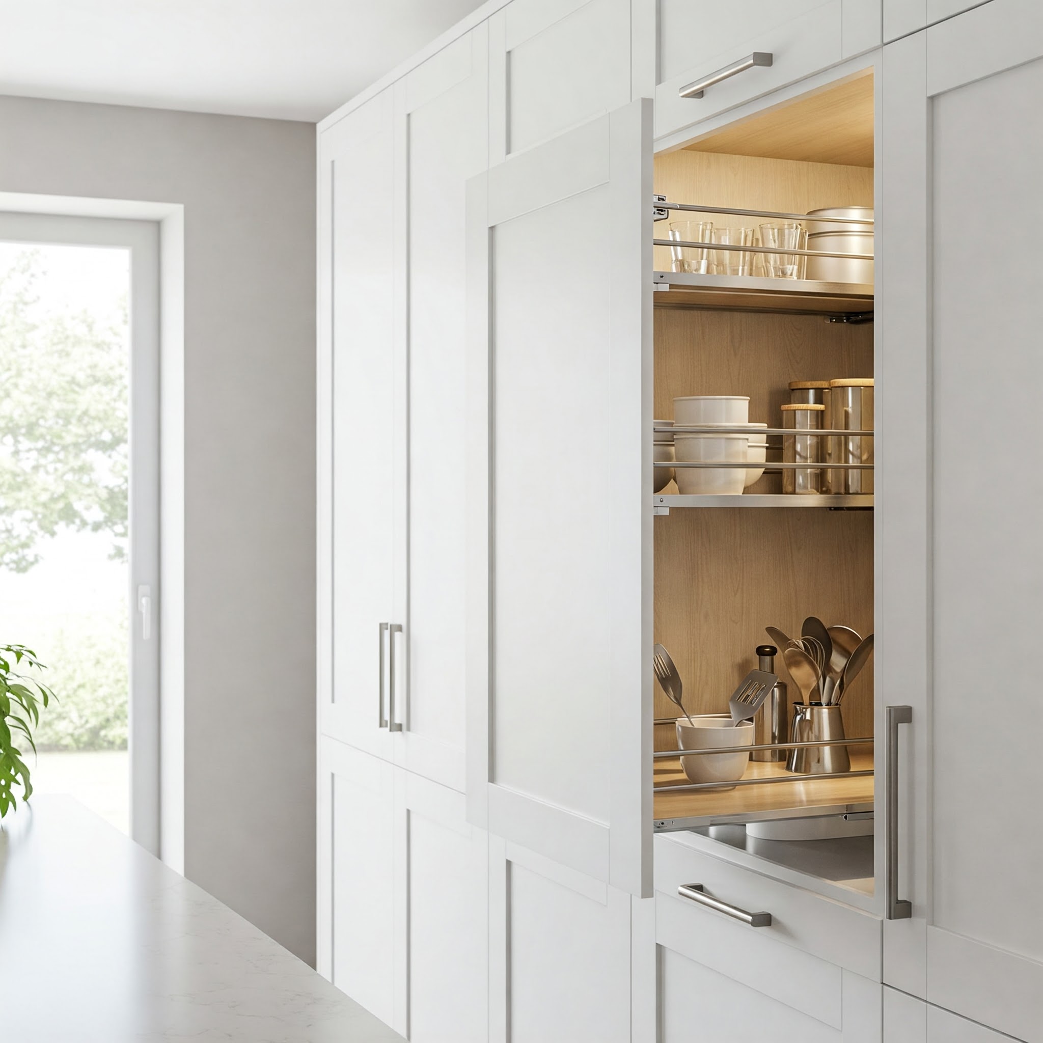"Tall kitchen cabinets with dropdown shelf for easy access to upper storage."