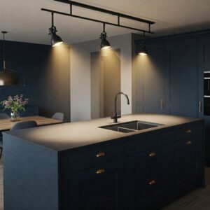 Adjustable track lighting shining on a modern kitchen island workspace, a versatile modern kitchen island lighting option.