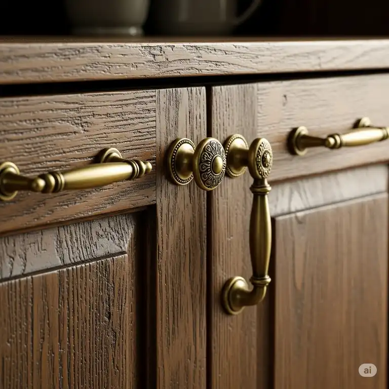 Antique brass kitchen hardware handles and knobs on a rustic wooden cabinet, showcasing timeless elegance.