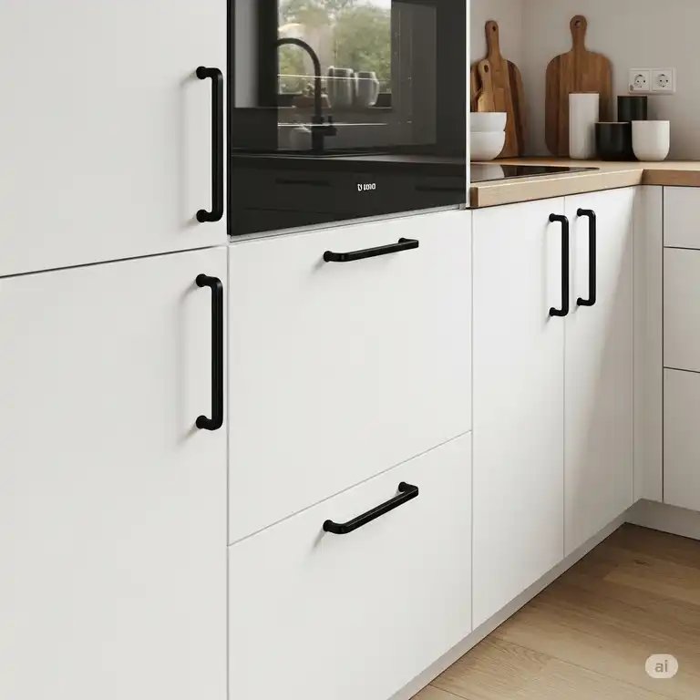 Black kitchen cabinet handles on sleek, modern cabinetry, providing a striking contrast in a contemporary kitchen design.