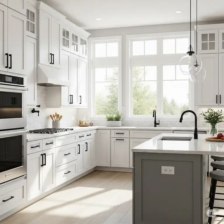 Modern kitchen featuring sleek black kitchen cabinet pulls on white shaker style cabinets, enhancing the contemporary design.