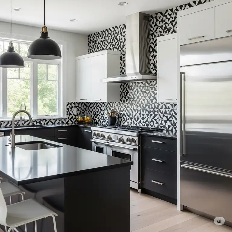 Modern kitchen featuring a striking black and white geometric tile backsplash, complementing stainless steel appliances and dark countertops.