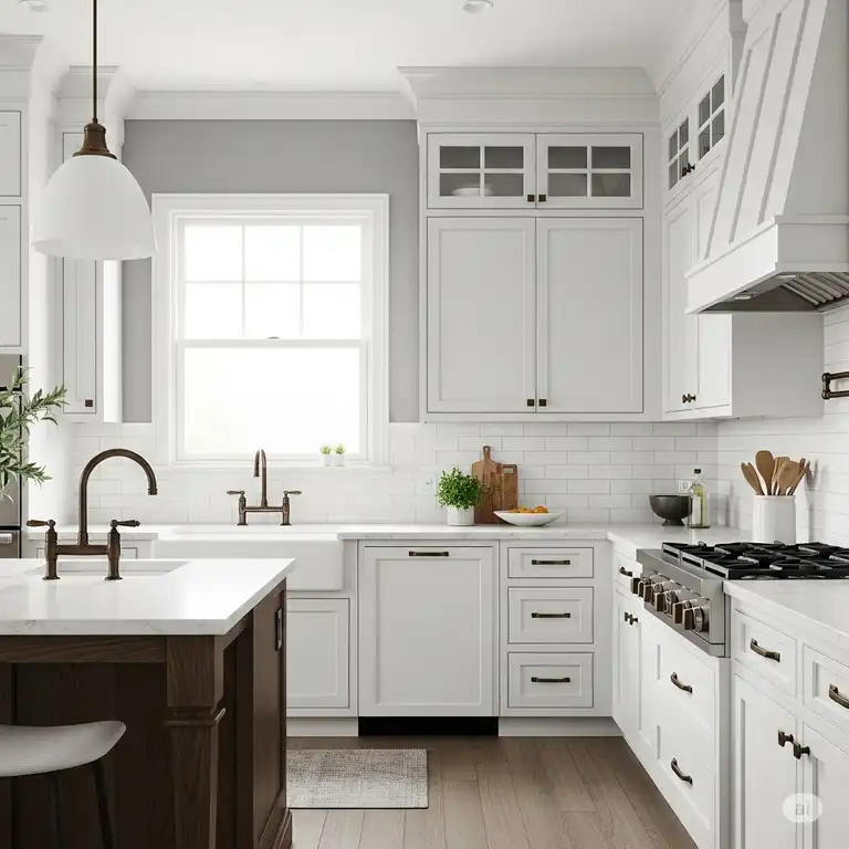 "A full kitchen showcasing a variety of elegant bronze kitchen hardware, including cabinet pulls, drawer handles, and faucet fixtures, adding a warm and classic touch to the space."