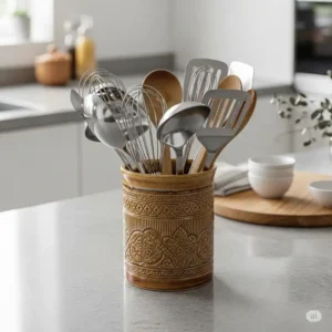A beautiful, handcrafted ceramic kitchen utensil holder filled with various cooking tools, perfectly complementing a modern kitchen countertop.