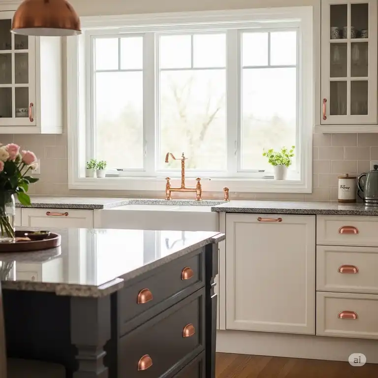 Stunning kitchen featuring a range of beautiful copper kitchen hardware, including cabinet pulls, drawer handles, and a faucet, adding warmth and elegance to the space.