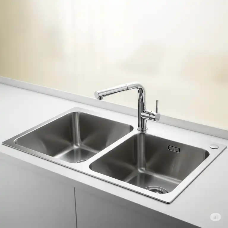 Modern double bowl kitchen sink with a sleek stainless steel finish, perfect for busy kitchens.