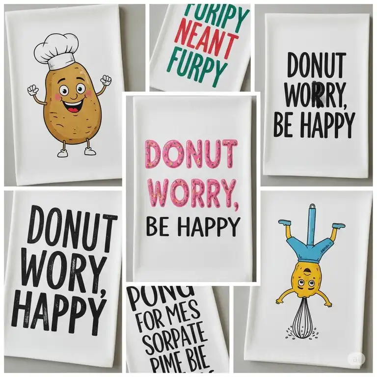 A vibrant collage showcasing a variety of funny kitchen towels with witty sayings and humorous designs, perfect for adding personality to any kitchen.