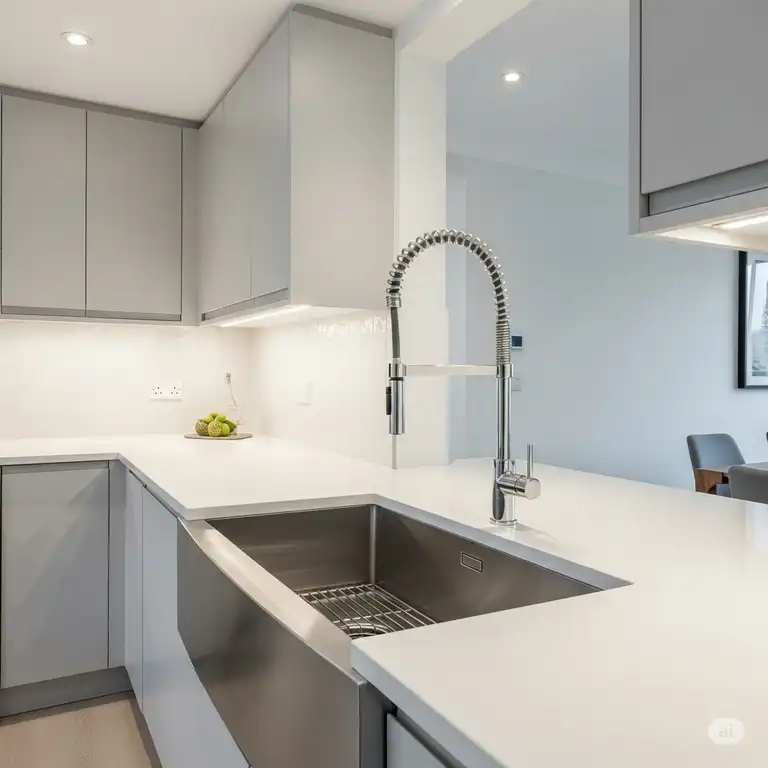 Modern galley kitchen featuring a large stainless steel sink with a pull-down faucet, integrated into a sleek countertop.