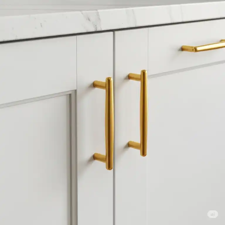 Close-up of elegant gold kitchen cabinet handles on white shaker style cabinets, enhancing a modern kitchen design.
