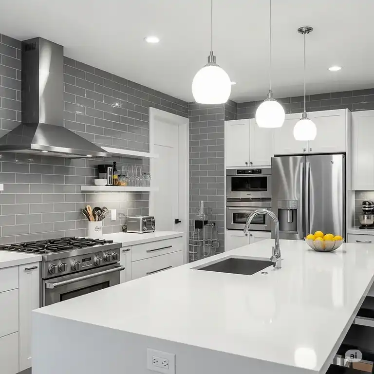 A modern kitchen featuring a sleek grey subway tile backsplash, complementing the white countertops and stainless steel appliances.