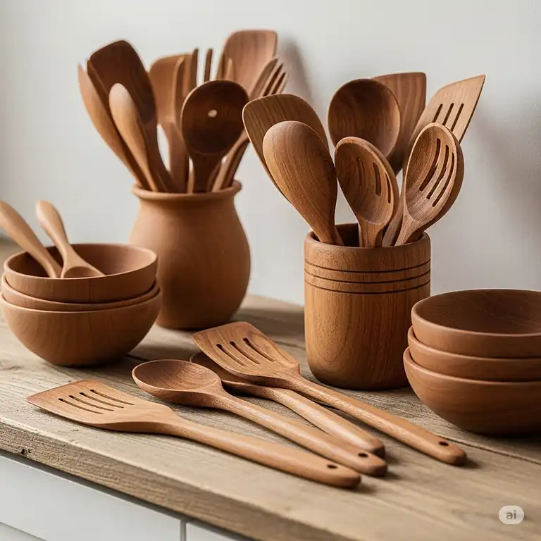 A beautiful collection of essential kitchen accessories wooden, including spoons, spatulas, and bowls, neatly arranged on a rustic wooden countertop, showcasing their natural beauty and craftsmanship.