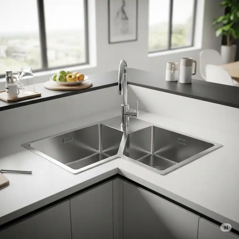 Modern kitchen featuring a sleek stainless steel corner sink, maximizing counter space and offering convenient double basin functionality. kitchen sinks corner sink