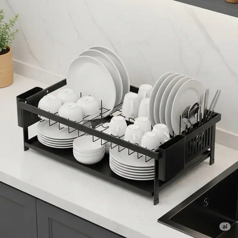 Modern black kitchen sink rack with drying dishes, perfect for organizing your countertop.