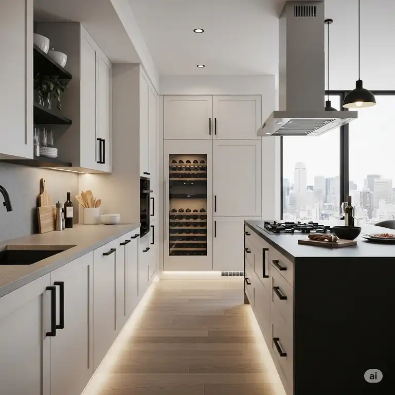 "Modern kitchen with matte black kitchen hardware cabinet pulls and handles, showcasing a sleek and contemporary design."