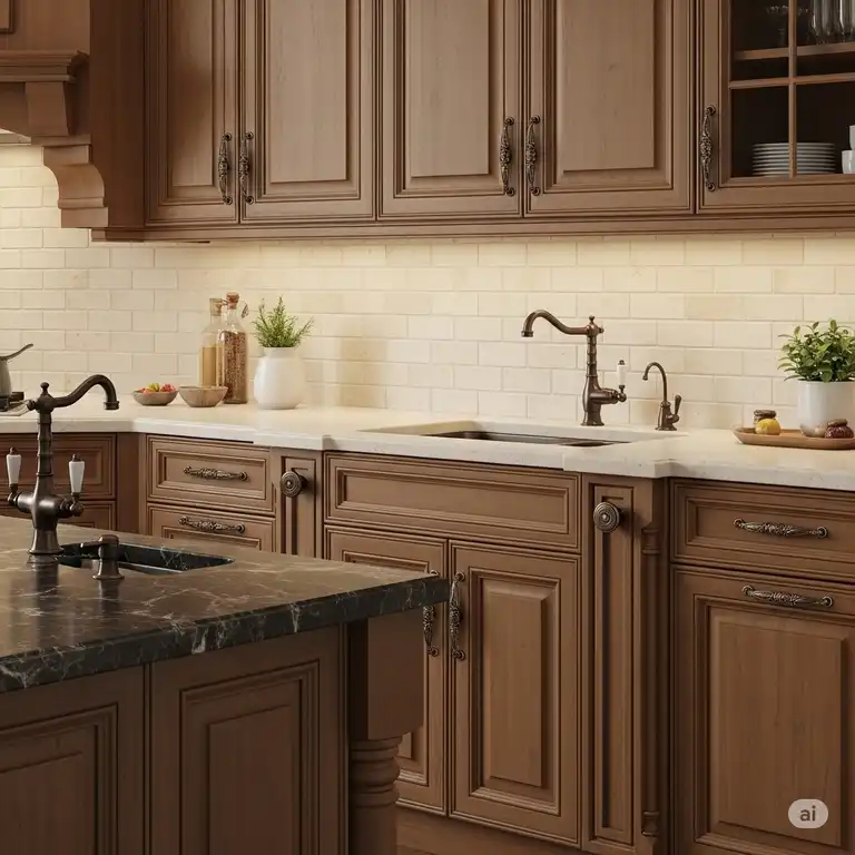 A beautiful kitchen showcasing various oil rubbed bronze kitchen hardware elements, including cabinet pulls, knobs, and a faucet, complementing the warm tones of the cabinetry.