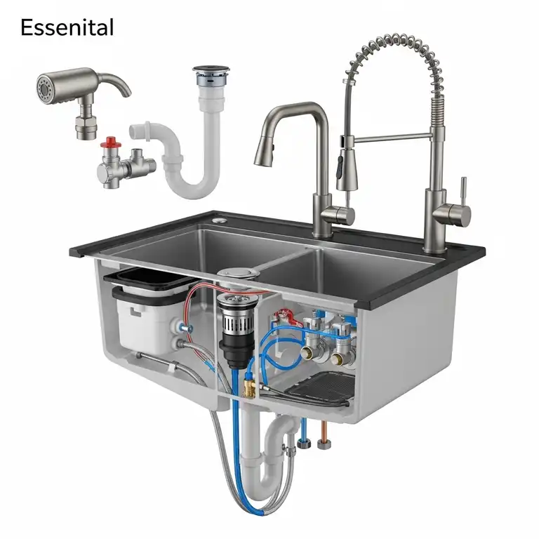A comprehensive overview of the essential parts of a kitchen sink, including the basin, faucet, drain, and various plumbing components.