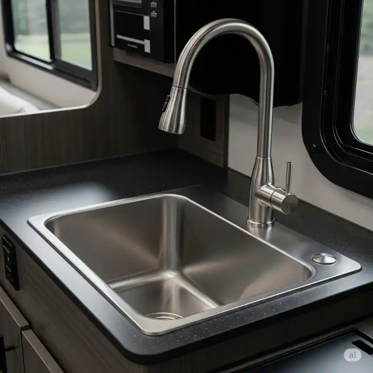 Modern stainless steel RV kitchen sink with a high-arc faucet, perfect for compact camper kitchens.