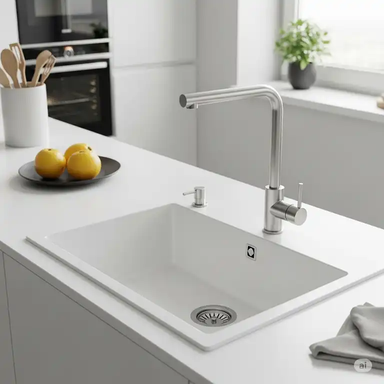 A sleek, modern white kitchen sink with a stainless steel faucet, perfect for contemporary kitchen designs.