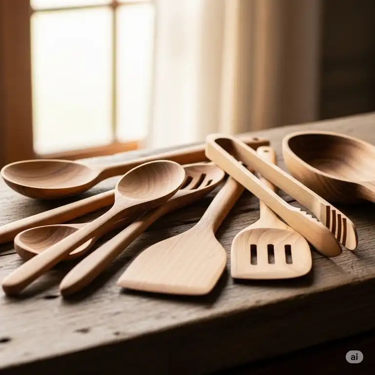 A collection of beautifully crafted wooden kitchen gadgets, including spoons, spatulas, and tongs, artfully arranged on a rustic countertop, highlighting their natural appeal and functionality.