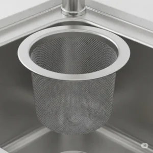 Close-up of a deep basket-style drain strainer kitchen sinks, ready to collect debris.