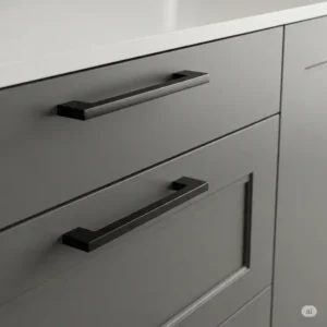 Stylish black cabinet pulls, part of a collection of black kitchen hardware, on dark grey kitchen cabinets, showcasing a minimalist design.