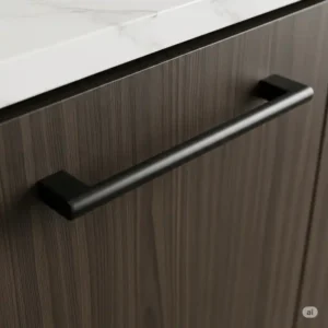 Close-up of a modern matte black kitchen cabinet pulls on a dark wood kitchen cabinet, showcasing its minimalist design.

