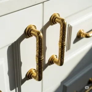 "Close-up of elegant brass cabinet pulls on white kitchen cabinetry, highlighting the detailed craftsmanship and lustrous finish of the brass kitchen hardware."
