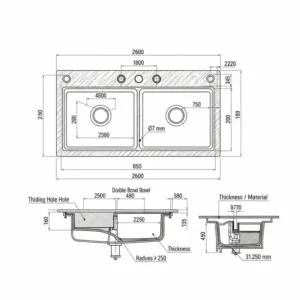 Detailed diagram showing the dimensions and specifications of a standard double bowl kitchen sink.