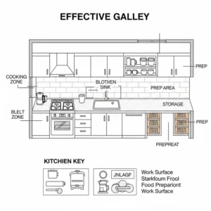 Diagram illustrating an efficient galley kitchen layout with the sink positioned between cooking and prep zones.