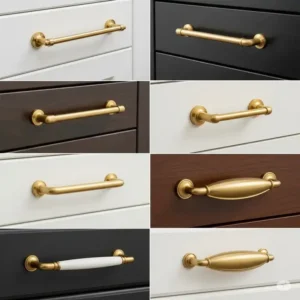 Collection of various gold kitchen cabinet handle styles including bar pulls, knobs, and cup handles, displayed on different cabinet finishes.